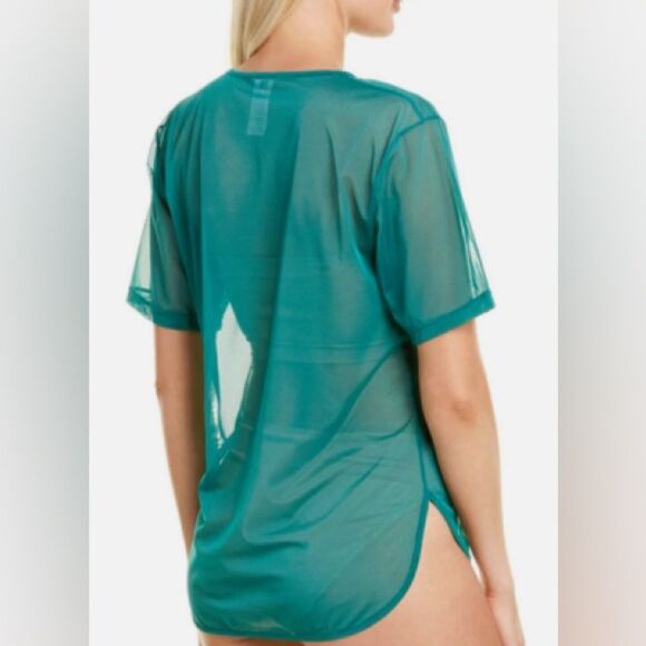 WOLFORD Sheer Tulle Mesh Short Sleeve T-Shirt Blouse Dark Jade Green Sz Small - Picture 2 of 11